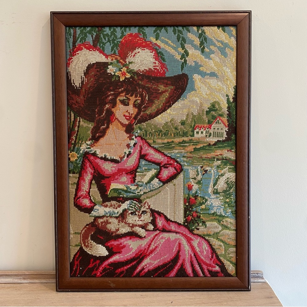 Victorian Woman Holding Cat Needlepoint Gobelin Artwork Finished And Framed